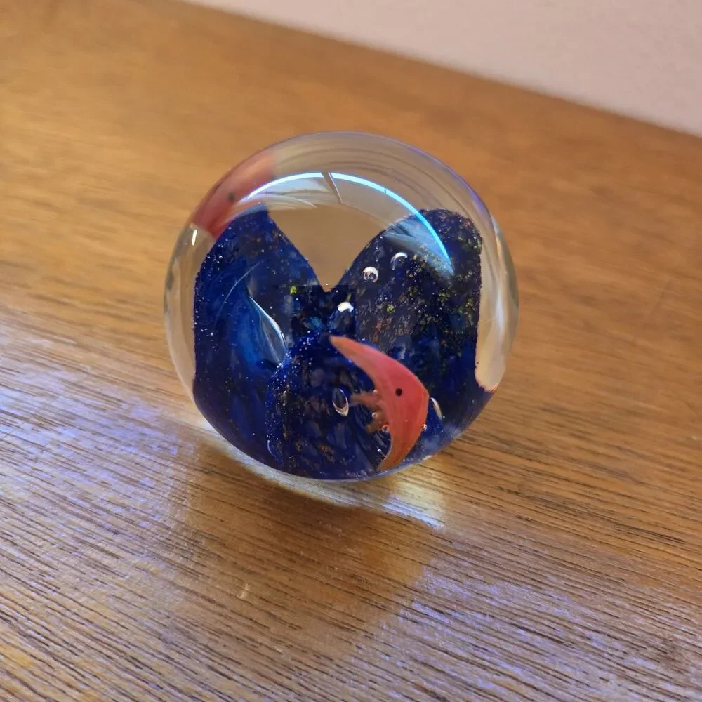 Vintage paperweight glass with Two Goldfish & Blue Waves